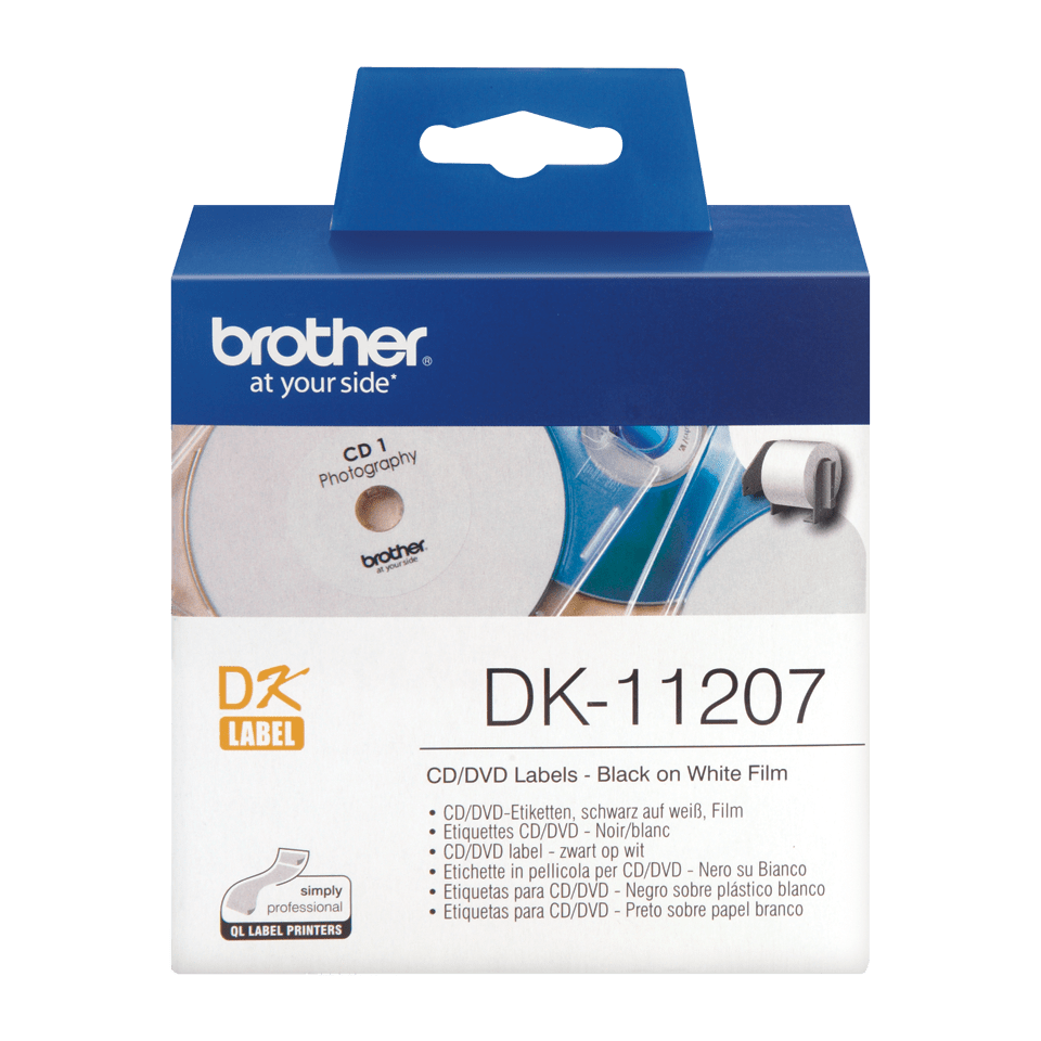 Rouleau d'étiquettes pour CD/DVD DK-11207 Brother original – Noir sur blanc, 58 mm de diamètre.